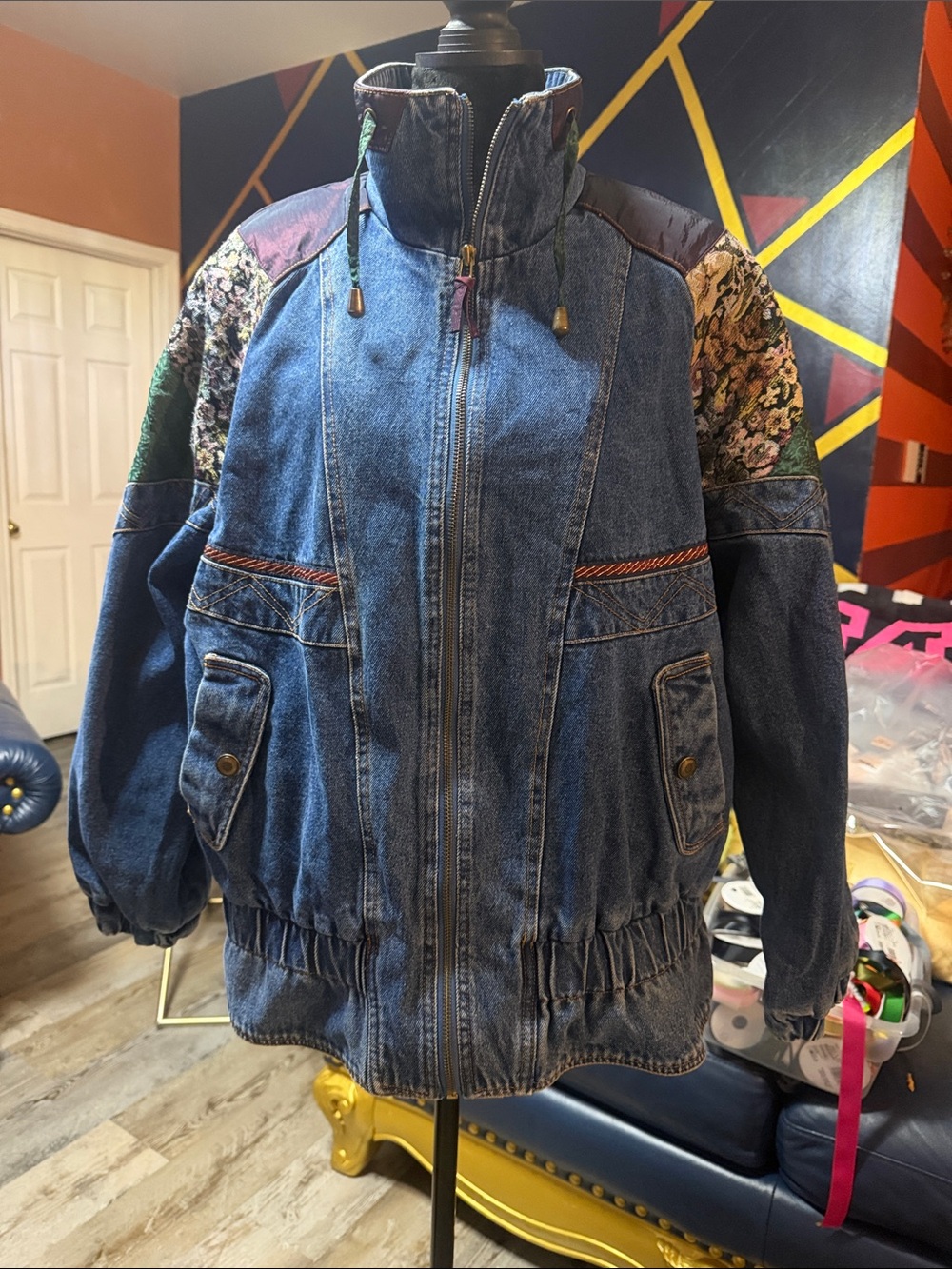 Vintage Current Seen Denim Mixed-Media Women's Zip Jacket - Blue